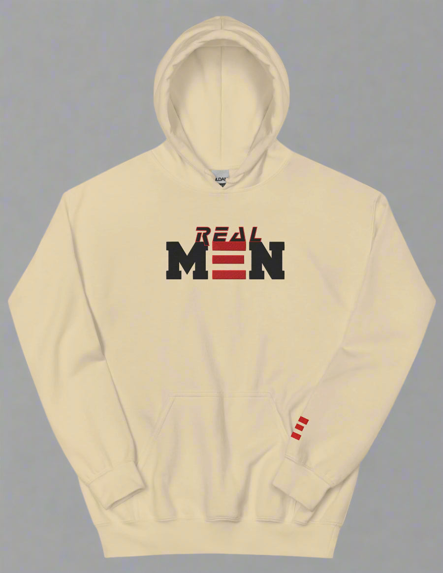 Beige hoodie with 'Real Men' text on a gray background