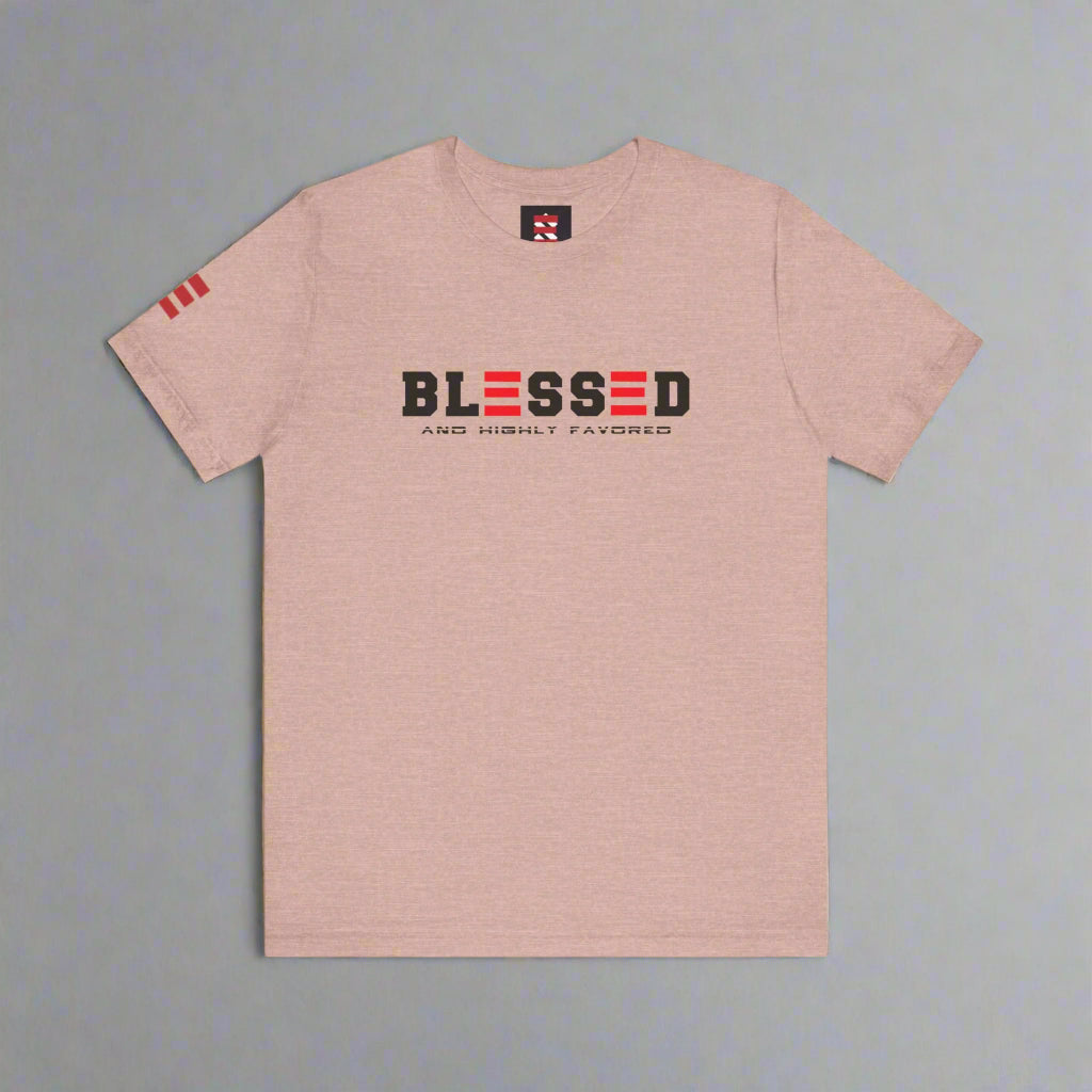 Beige t-shirt with 'BLESSED AND HIGHLY FAVORED' text on a gray background