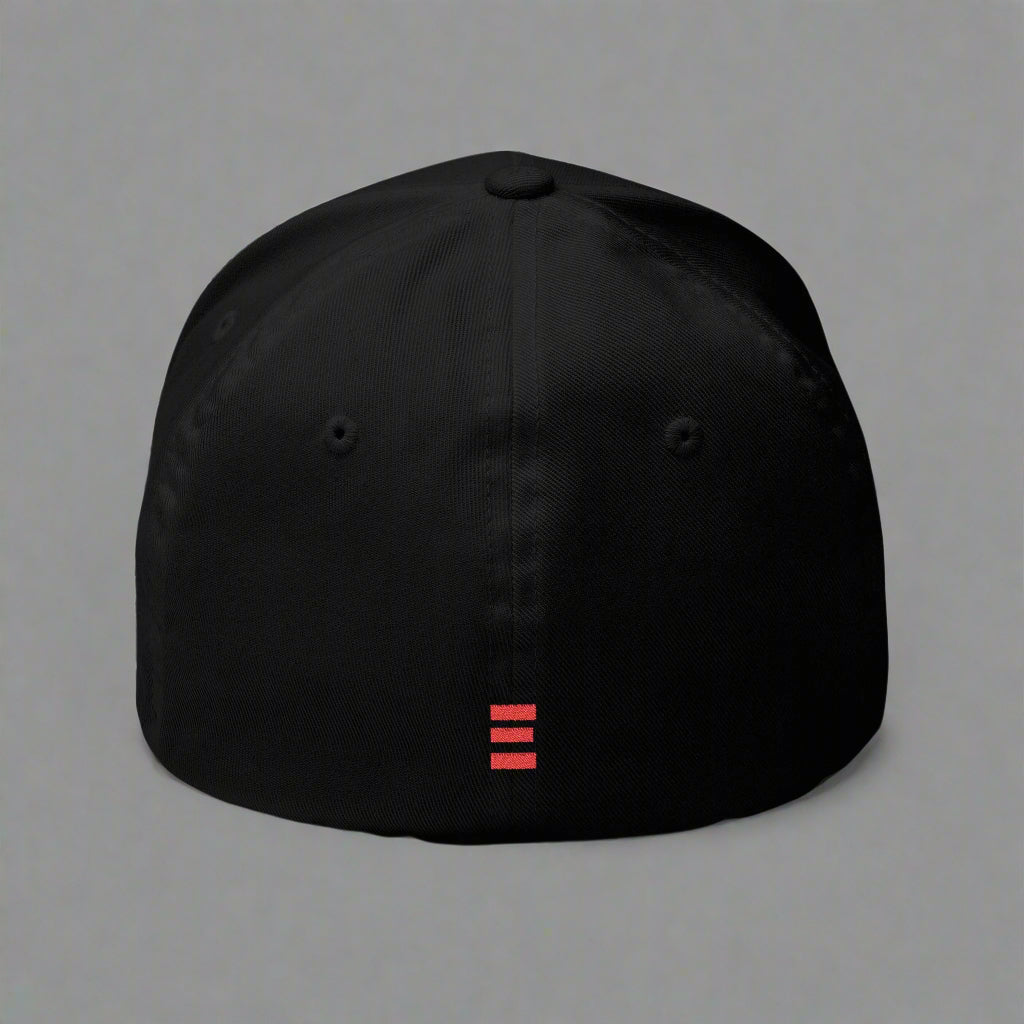 White baseball cap with a red logo on a gray background