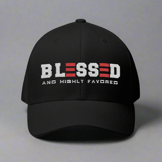 Black cap with 'BLESSED AND HIGHLY FAVORED' text on grey background