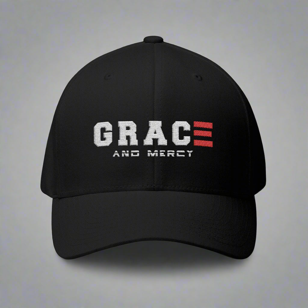Black cap with 'GRACE AND MERCY' text on a grey background