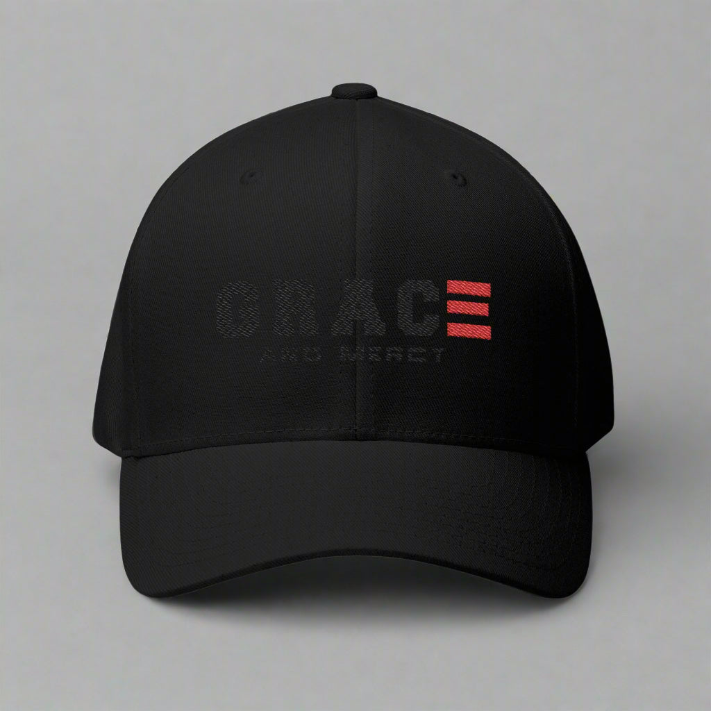 Black cap with red and white logo on a grey background