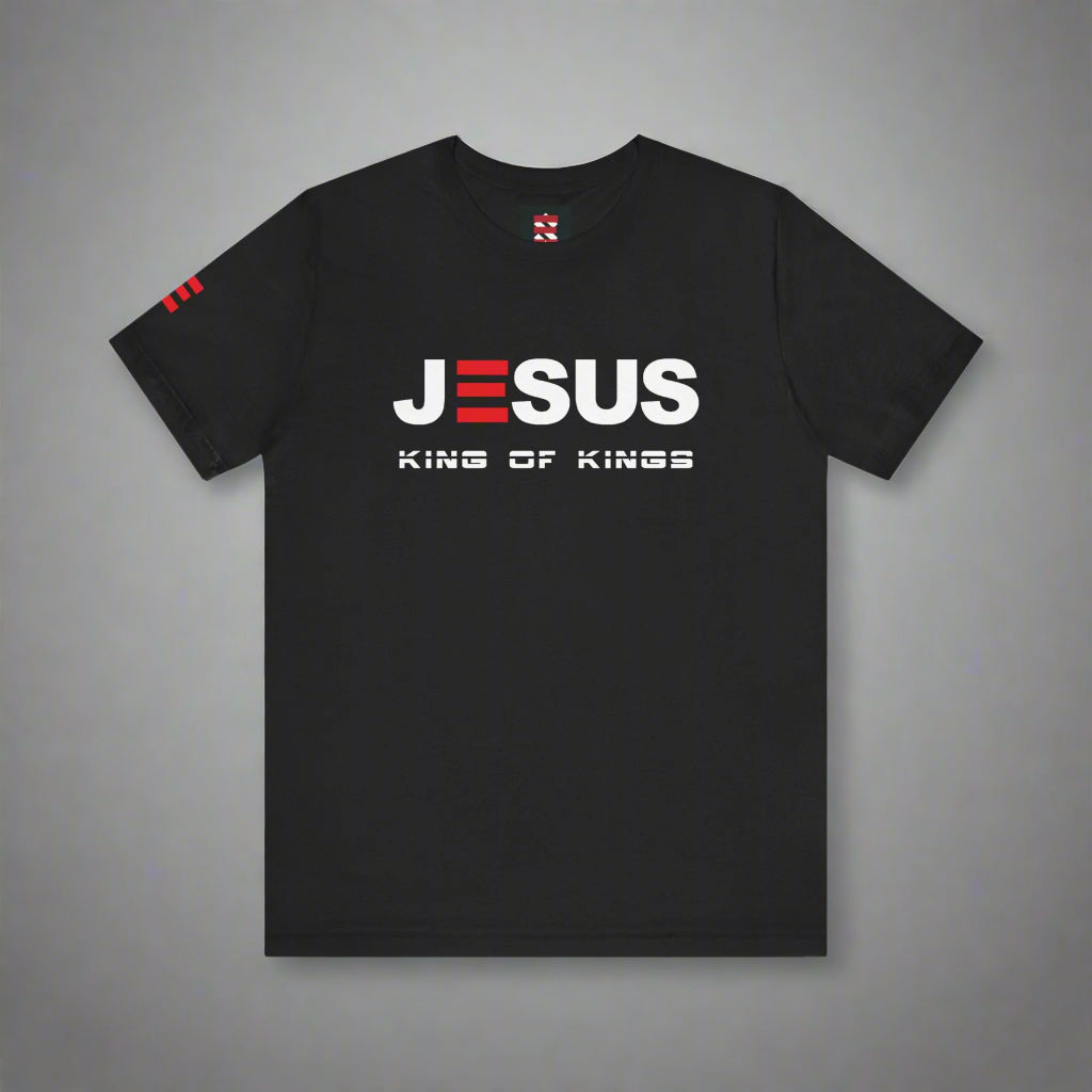 Black t-shirt with 'JESUS KING OF KINGS' text on a gray background