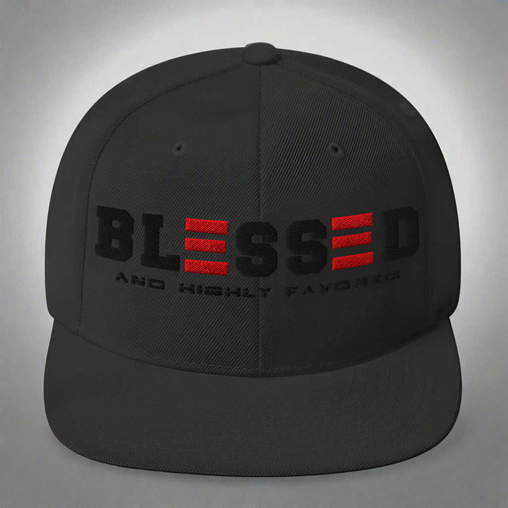 Black cap with 'BLESSED AND HIGHTLY FAVORED' text on a white background