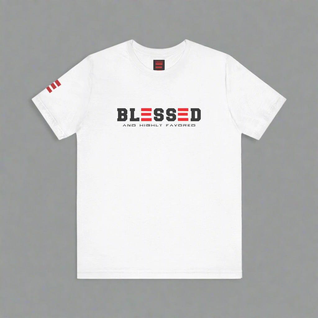 White t-shirt with 'BLESSED AND HIGHLY FAVORED' text on a white background