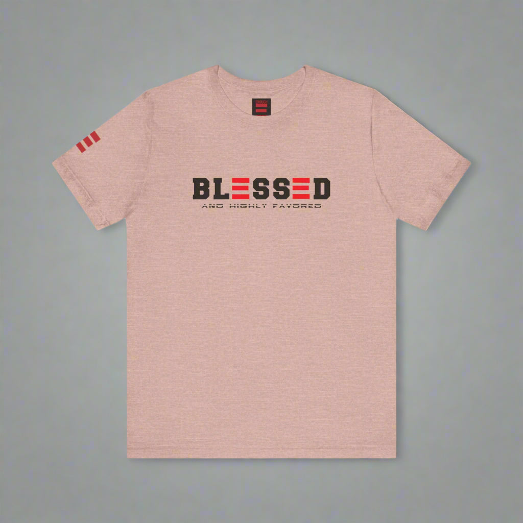 Heather Prism Peach t-shirt with 'BLESSED AND HIGHLY FAVORED' text on a white background