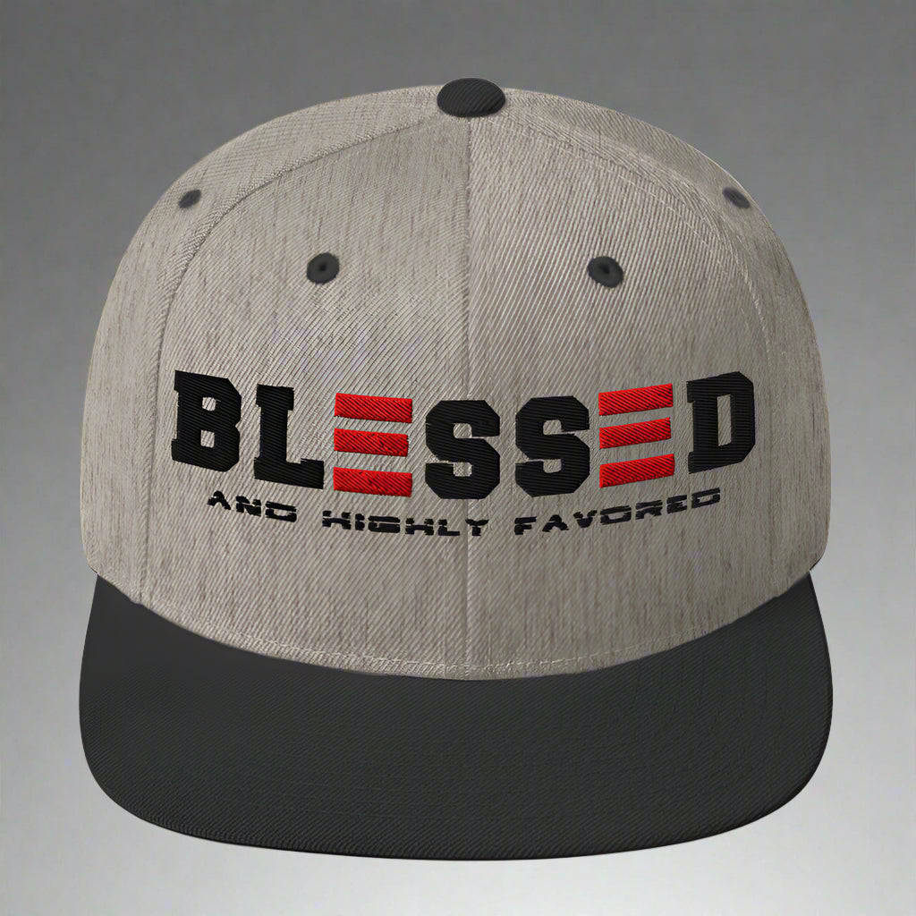 Heather Black cap with 'BLESSED AND HIGHTLY FAVORED' text on a white background