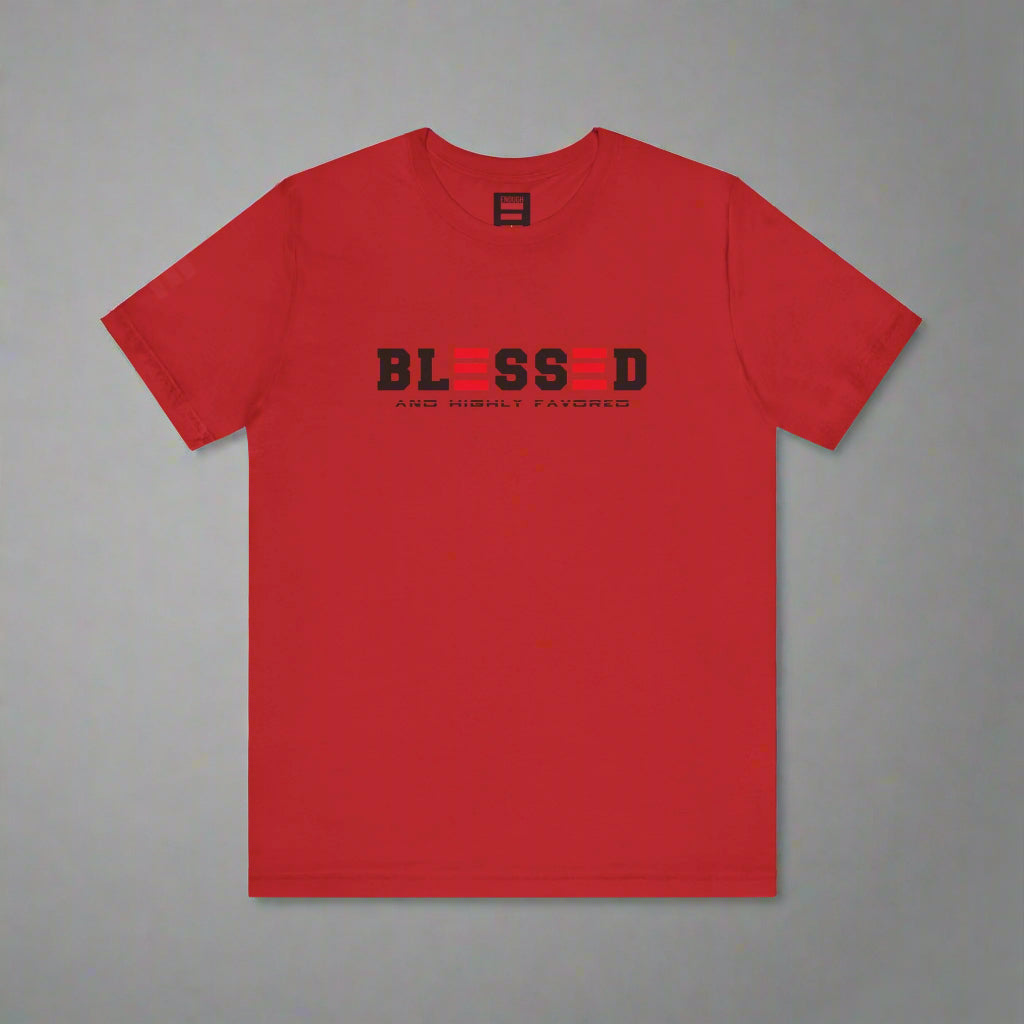 Red t-shirt with 'BLESSED' text on a white background