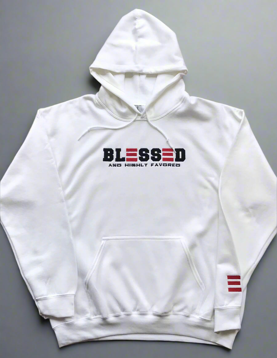 White hoodie with 'BLESSED AND HIGHLY FAVORED' text on a white background