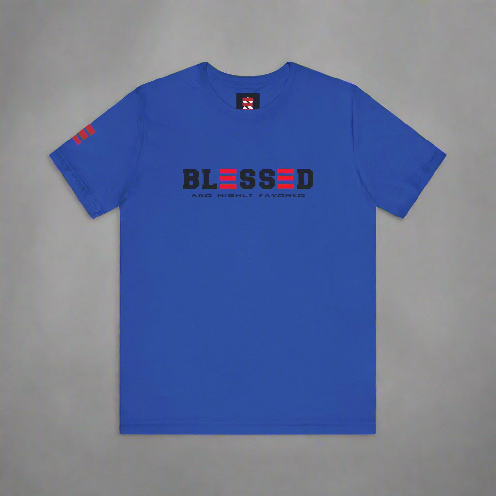 Blue t-shirt with 'BLESSED' text on a gray background