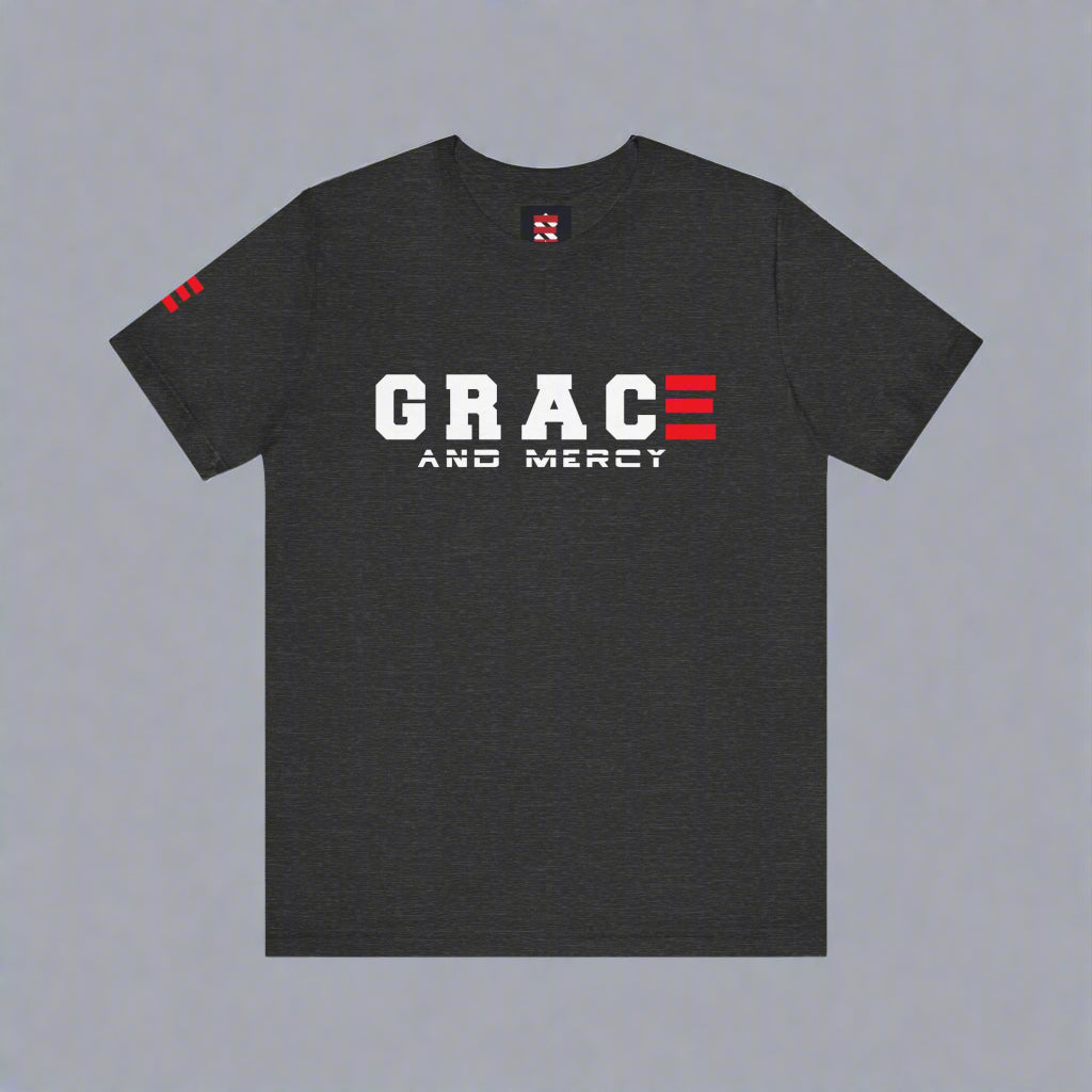 Dark Grey Heathert-shirt with 'GRACE AND MERCY' text on a gray background