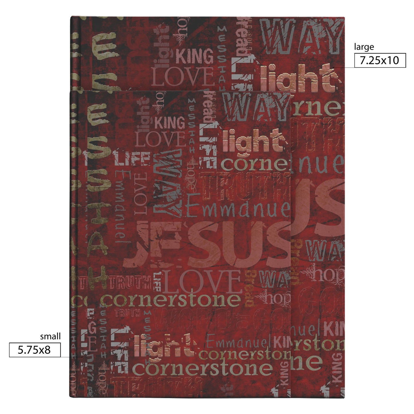 hardcover book front with sizes