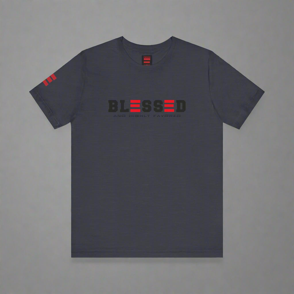 Navy blue t-shirt with 'BLESSED' text on a white background