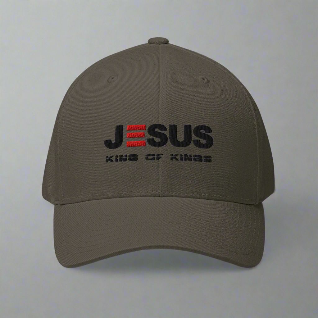 Gray cap with 'JESUS KING OF KINGS' text on a white background