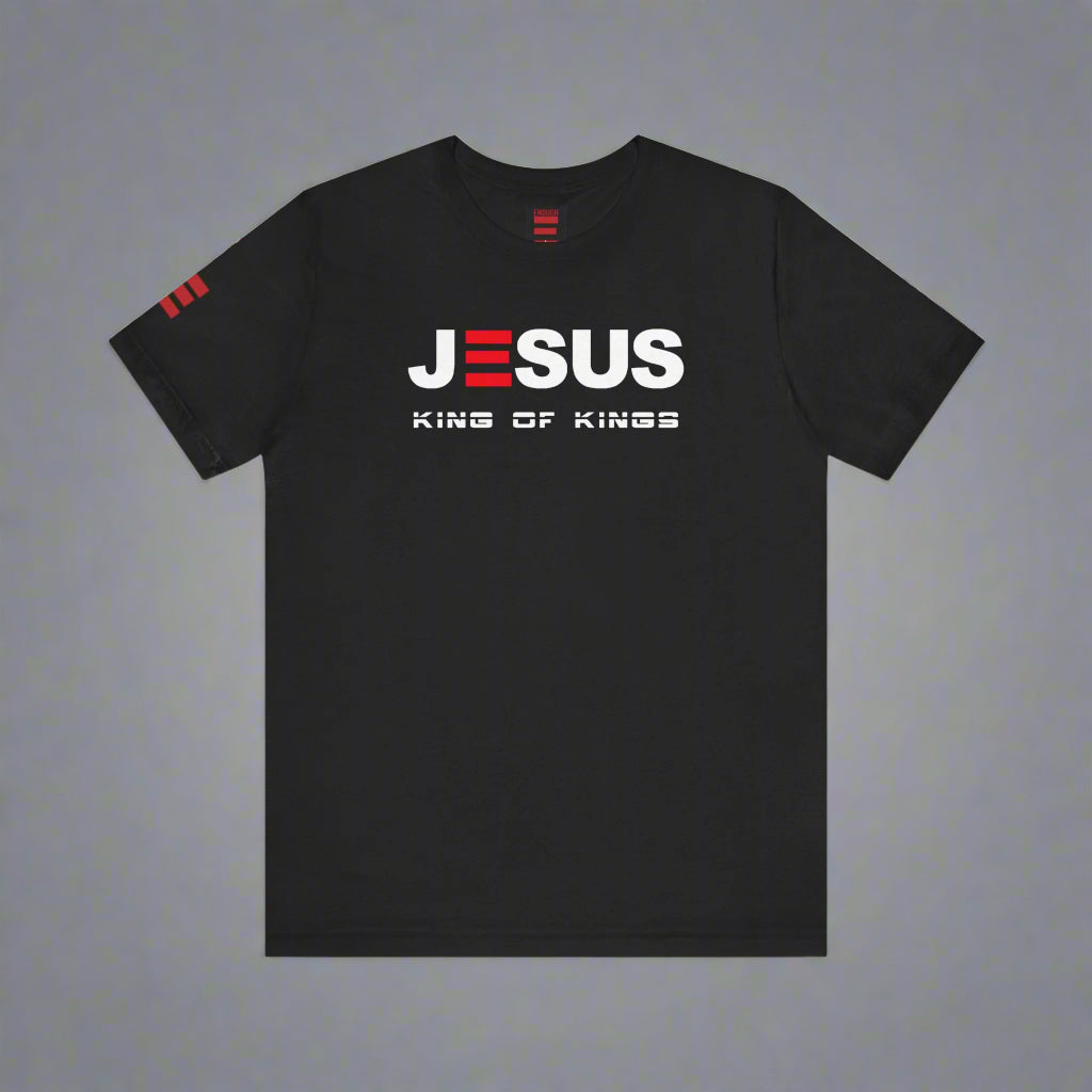 Black t-shirt with 'JESUS KING OF KINGS' text on a white background