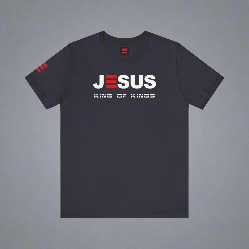 Black t-shirt with 'JESUS KING OF KINGS' text on a white background