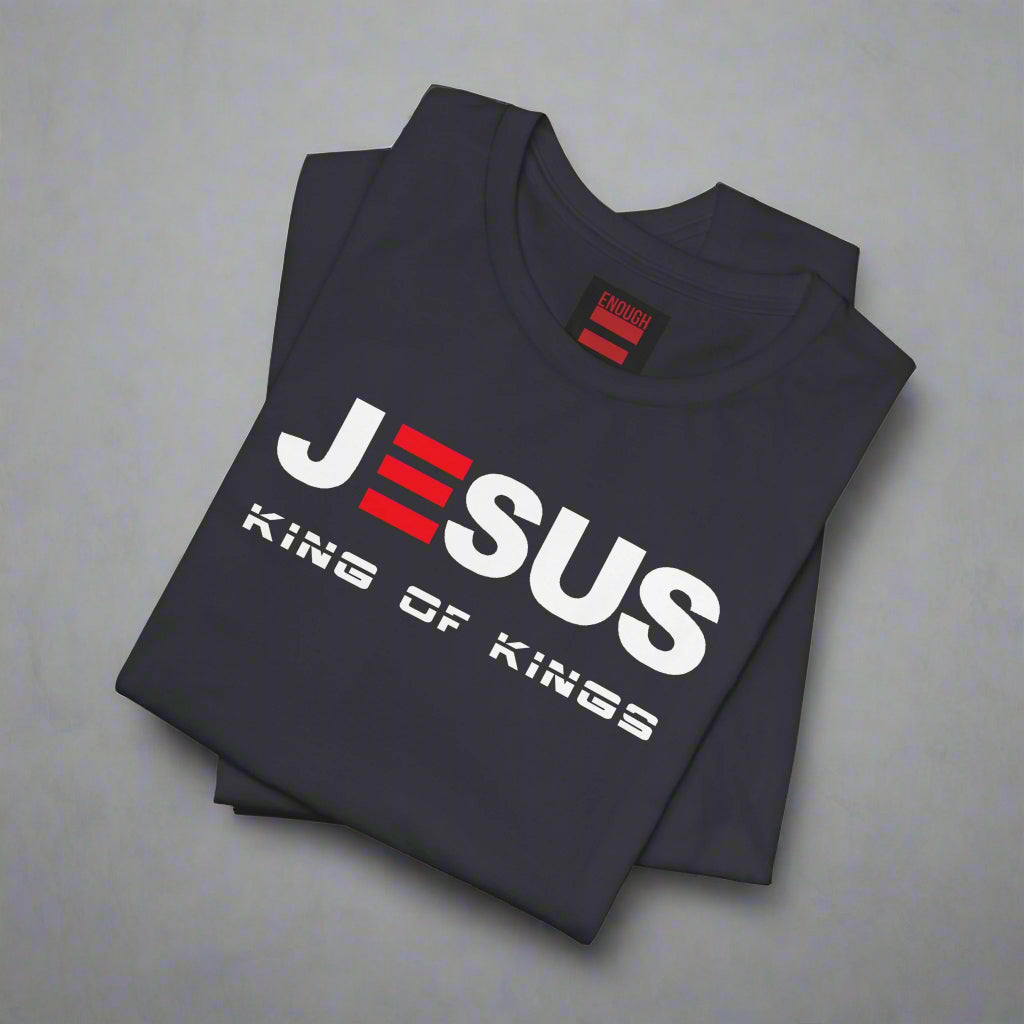 Dark Grey t-shirt with 'Jesus King of Kings' text on a white background