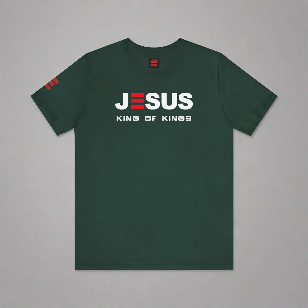 Forest Green t-shirt with 'JESUS KING OF KINGS' text on a white background
