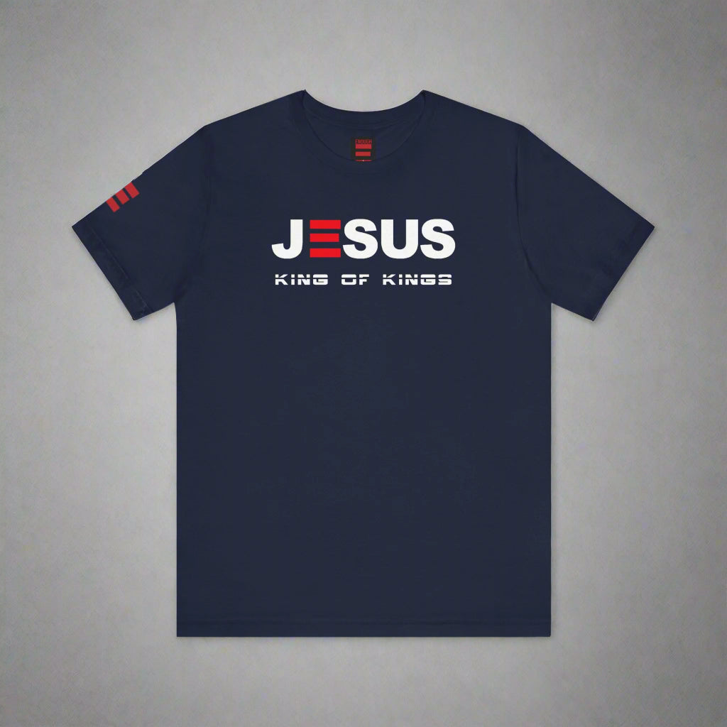 Navy blue t-shirt with 'JESUS KING OF KINGS' text on a white background