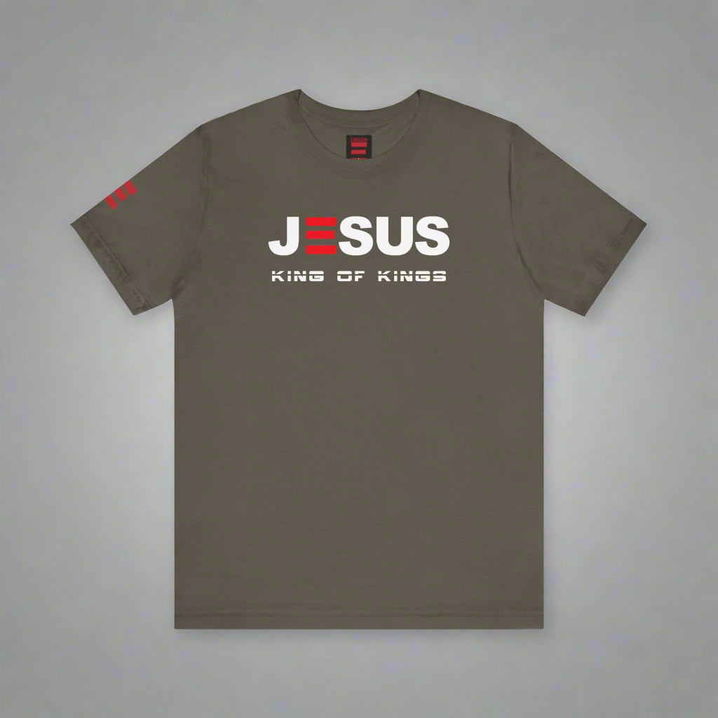 Army Green t-shirt with 'JESUS KING OF KINGS' text on a white background