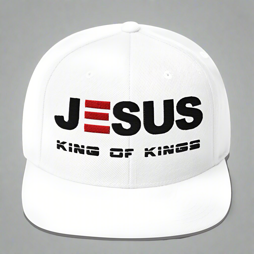 White cap with 'Jesus King of Kings' text on a white background