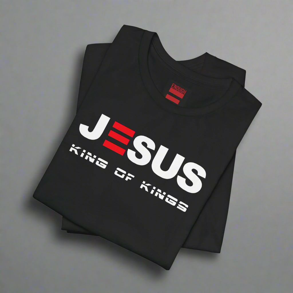 Black t-shirt with 'Jesus King of Kings' text on a white background
