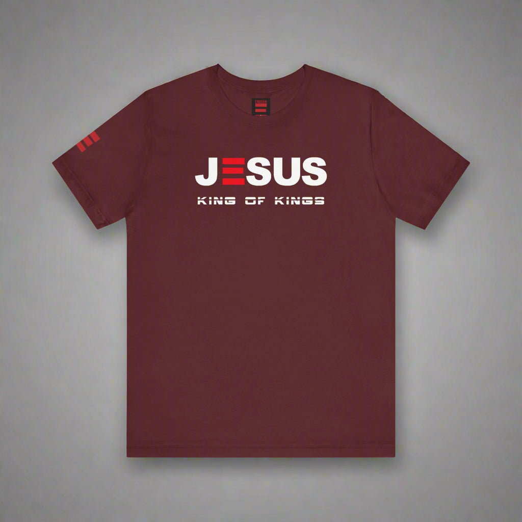 Maroon t-shirt with 'JESUS KING OF KINGS' text on a white background