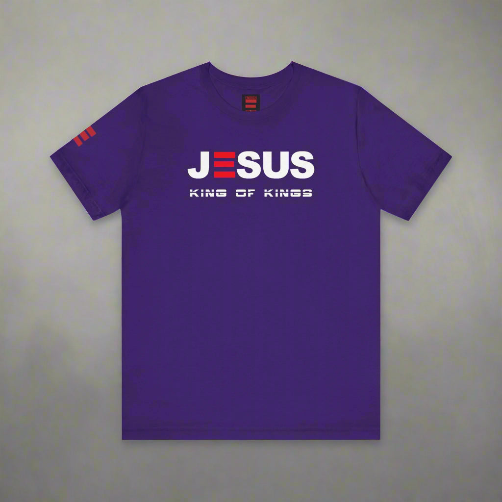 Purple t-shirt with 'Jesus King of Kings' text on a white background
