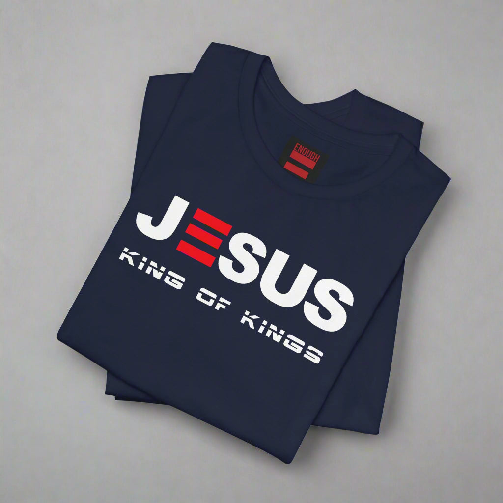 Navy blue t-shirt with 'Jesus King of Kings' text on a white background