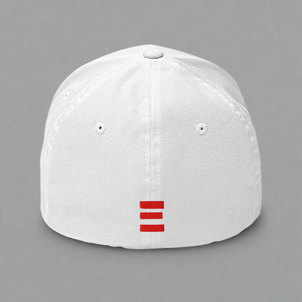 White cap with a red logo on a gray background