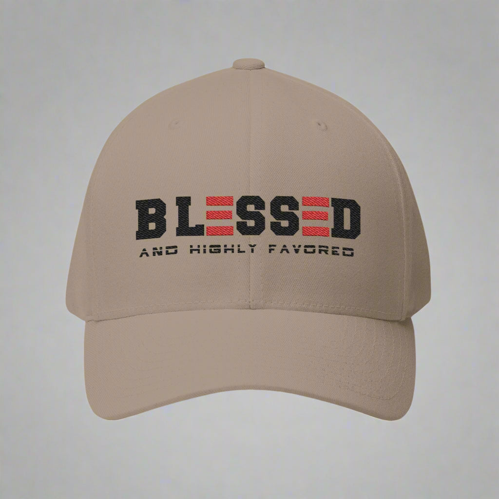 Khaki cap with 'BLESSED AND HIGHLY FAVORED' text on a grey background