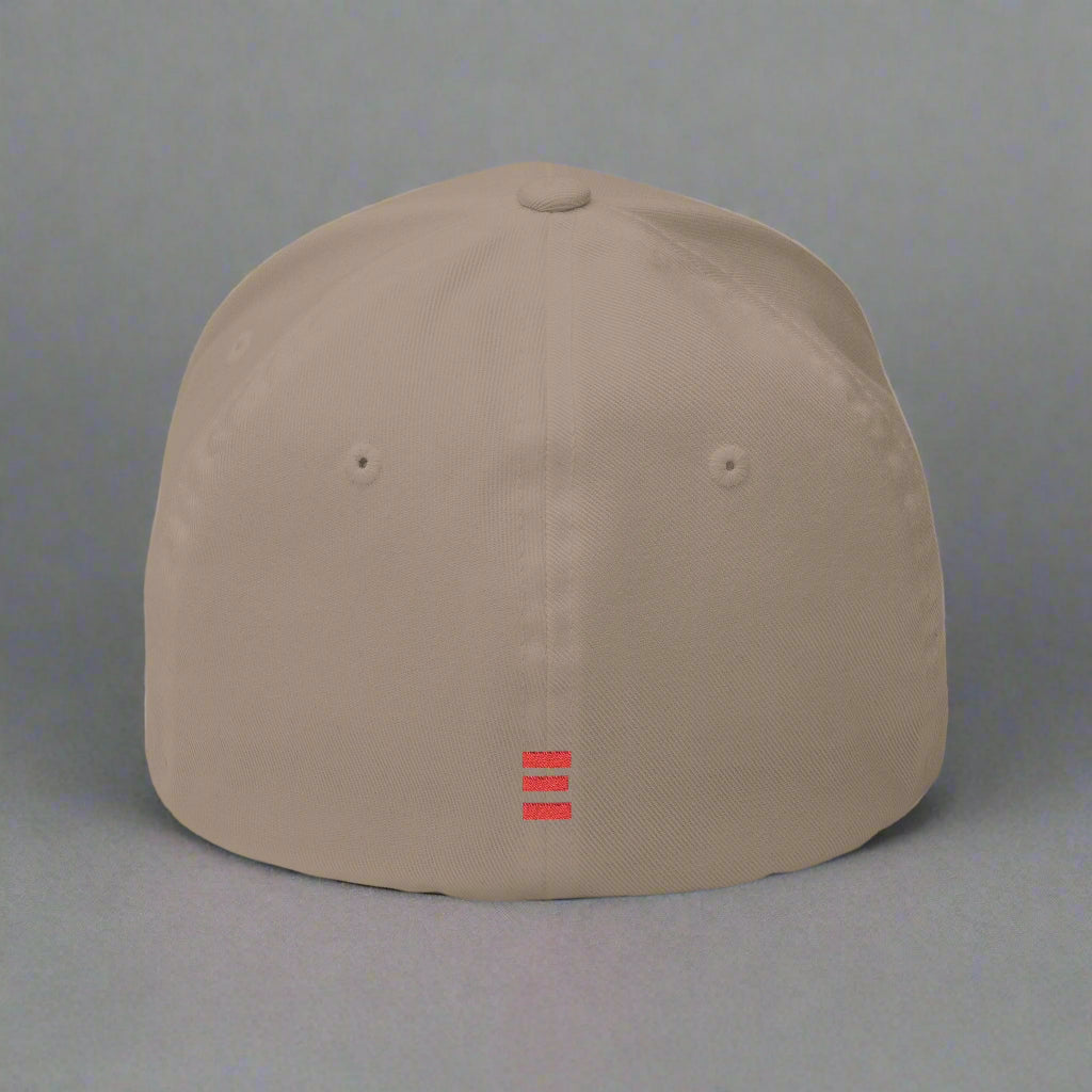 Khaki cap with a red logo on a grey background