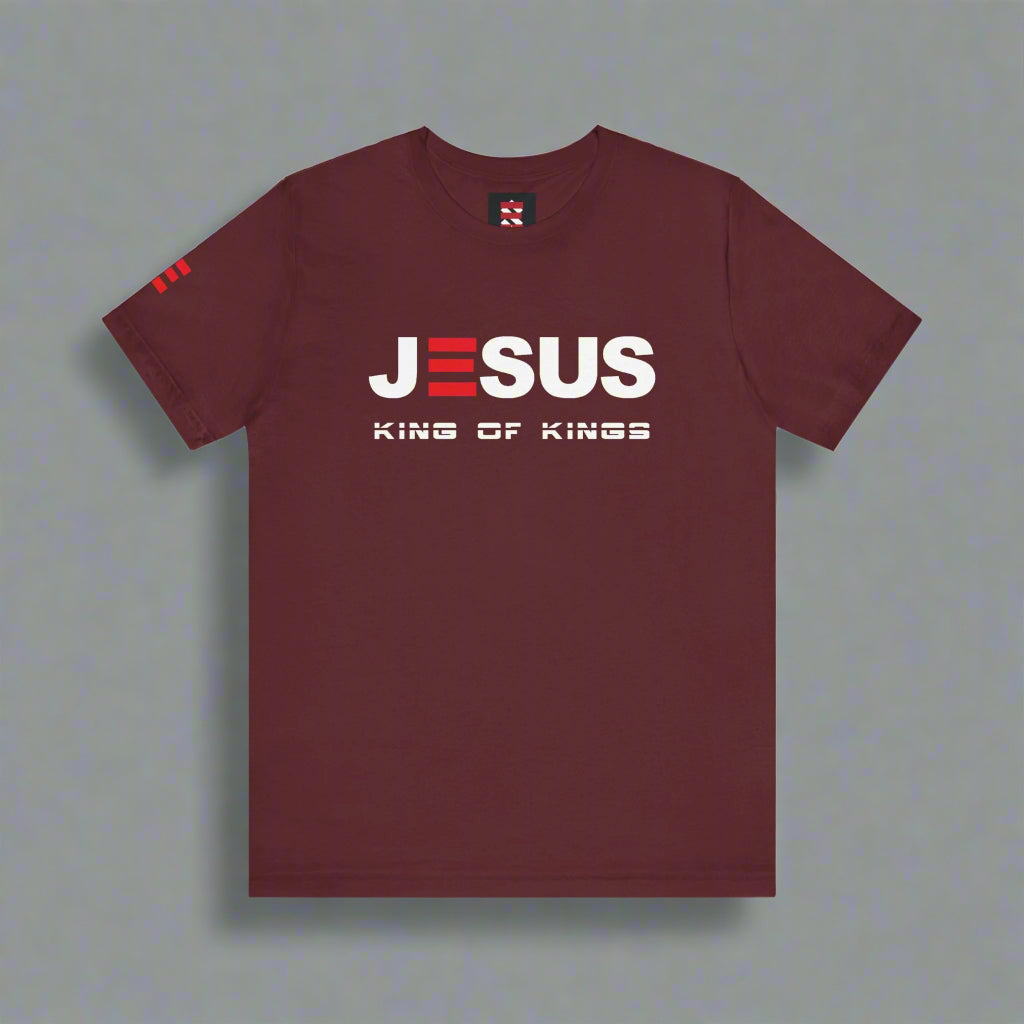 Maroon t-shirt with 'JESUS KING OF KINGS' text on a gray background