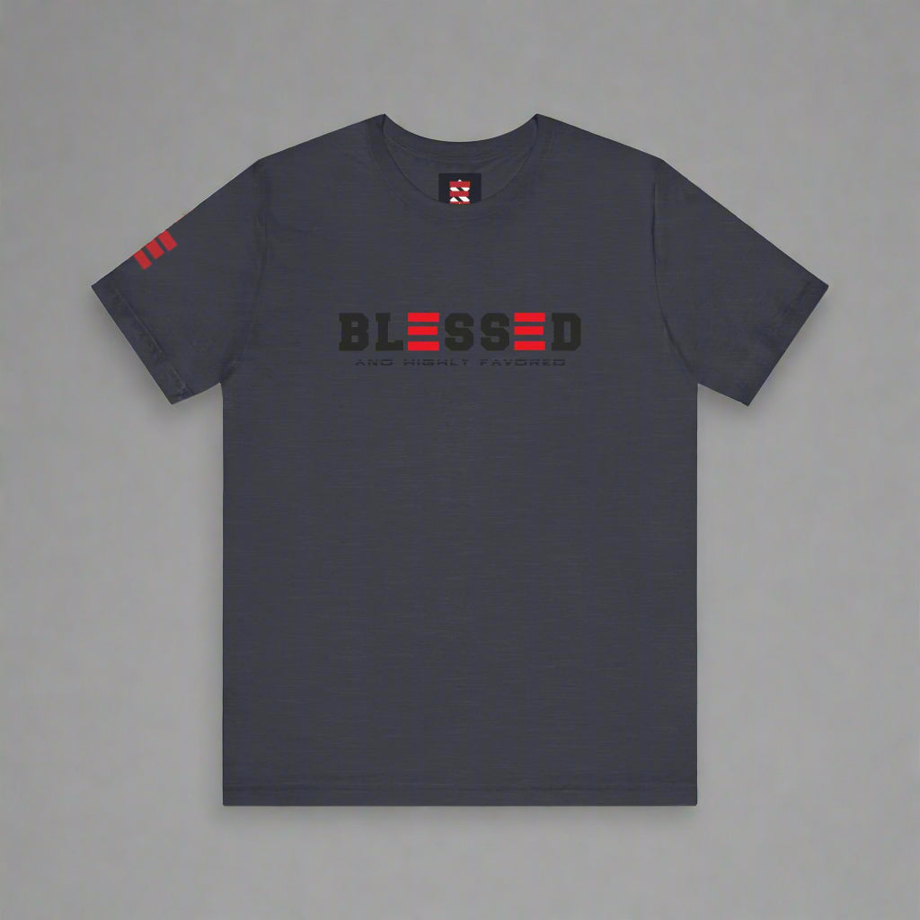 Navy blue t-shirt with 'BLESSED' text on a gray background