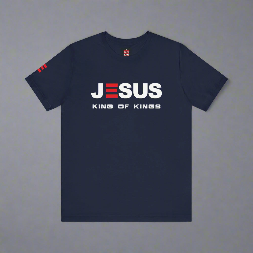 Navy blue t-shirt with 'JESUS KING OF KINGS' text on a gray background
