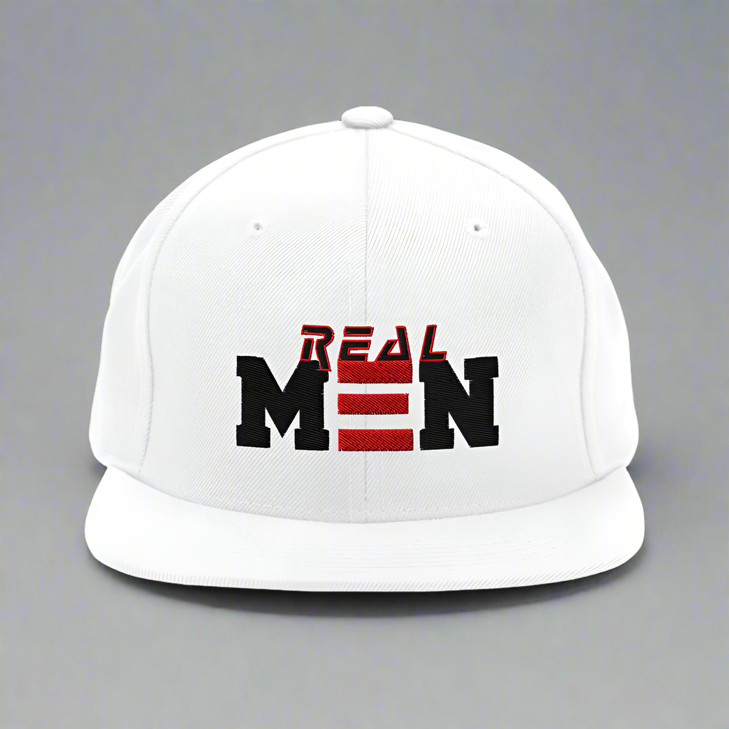 White cap with 'REAL MEN' text in black and red on a white background
