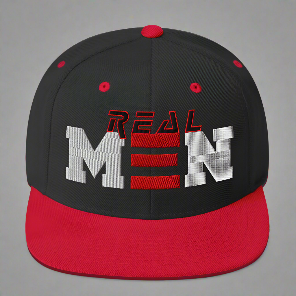 Black and red cap with 'REAL MEN' text on a white background