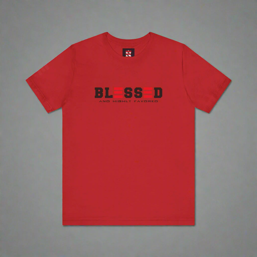 Red t-shirt with 'BLESSED' text on a gray background