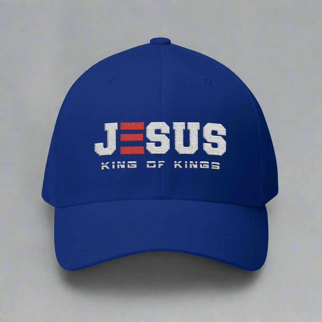 Royal Blue cap with 'Jesus King of Kings' text on a grey background