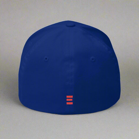Royal Blue cap with a red logo on a grey background