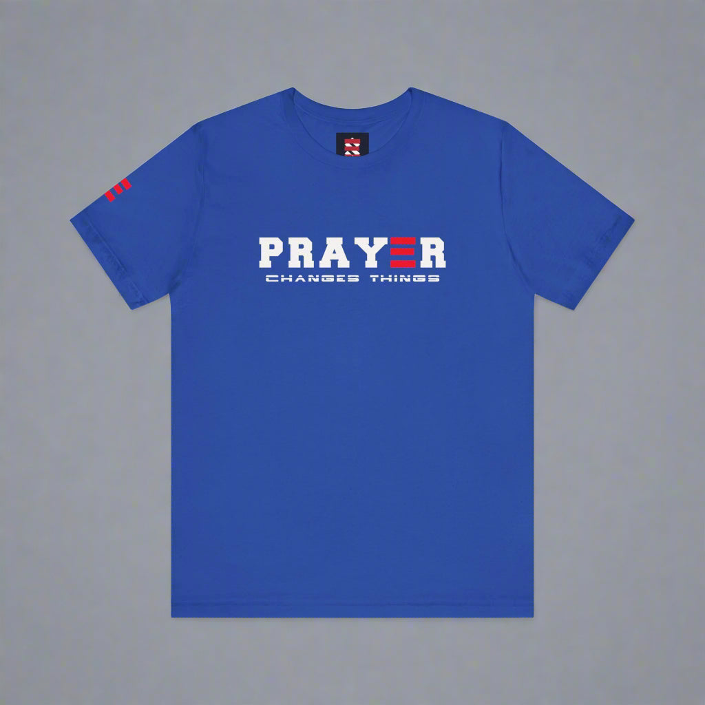 Royal Blue t-shirt with 'PRAYER CHANGES THINGS' text on a gray background