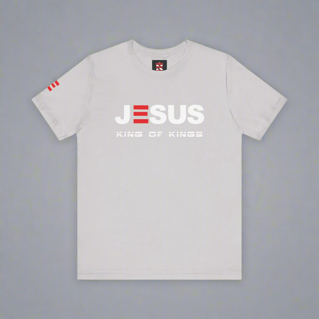 Silver t-shirt with 'JESUS KING OF KINGS' text on a white background
