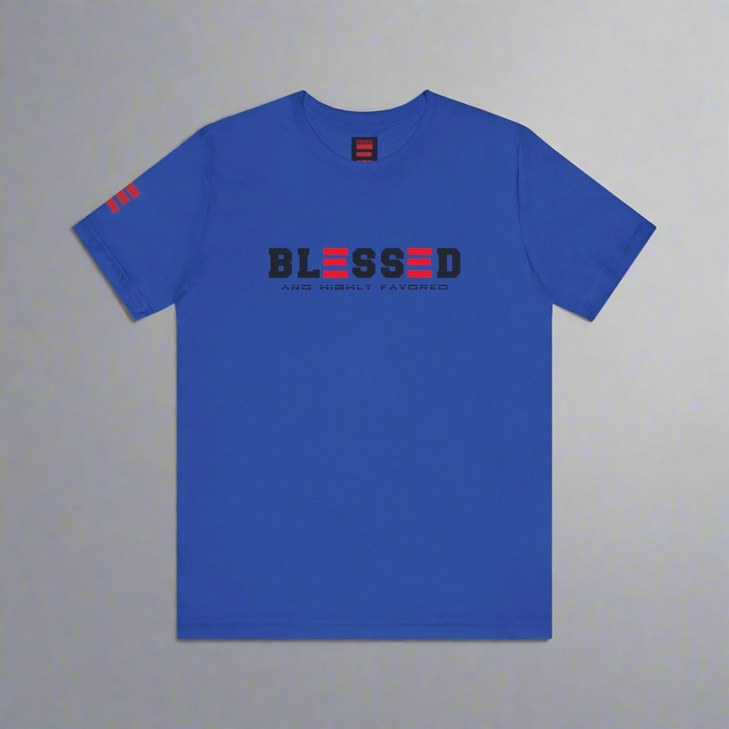 True Blue t-shirt with 'BLESSED' text on a white background