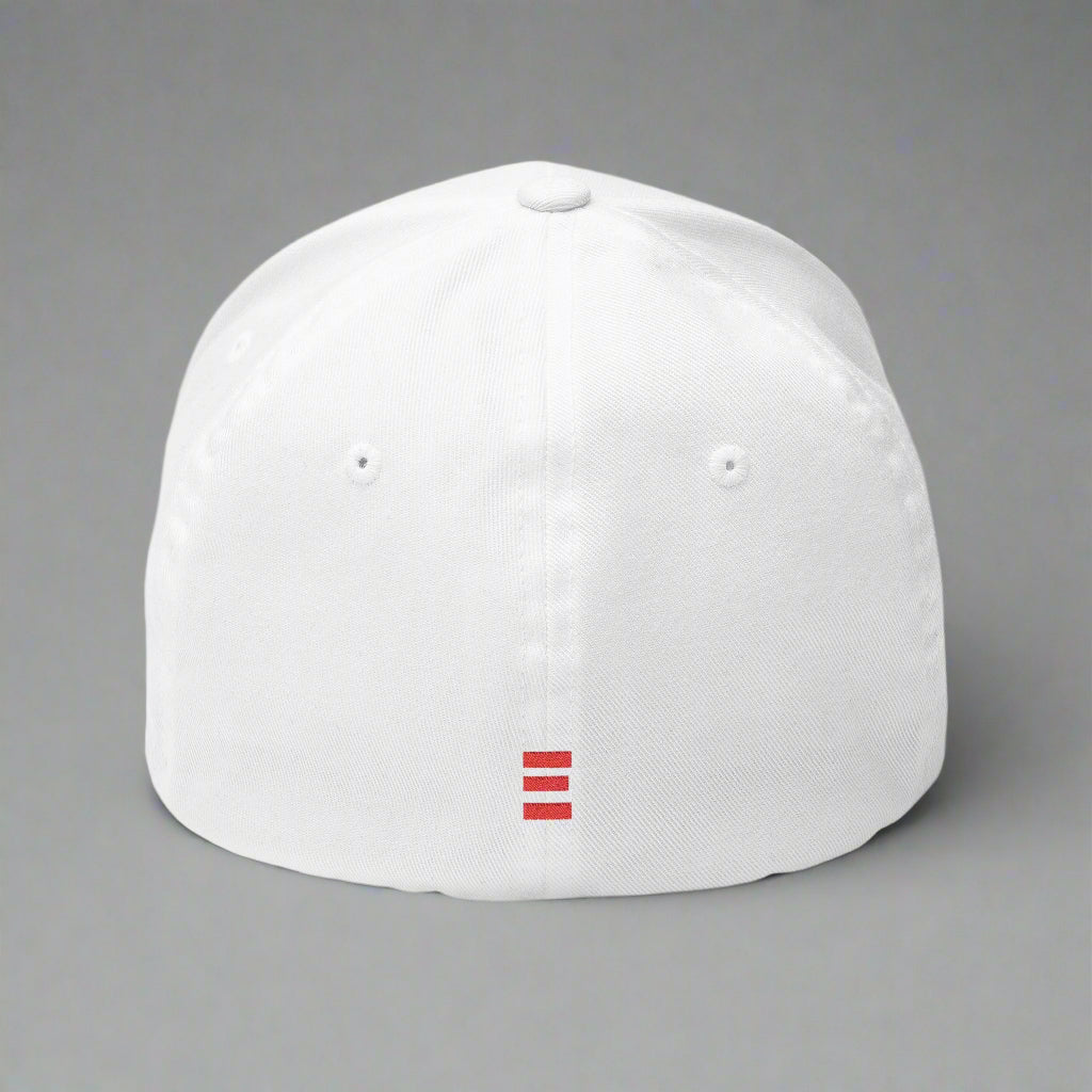 White baseball cap with a red logo on a gray background