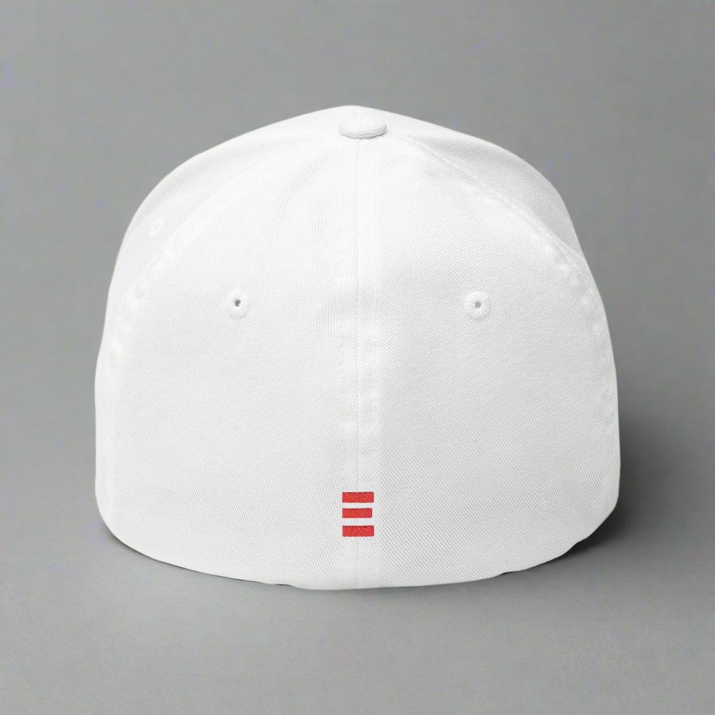 White baseball cap with a red logo on a white background