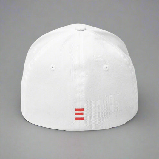 White baseball cap with a red logo on logo background