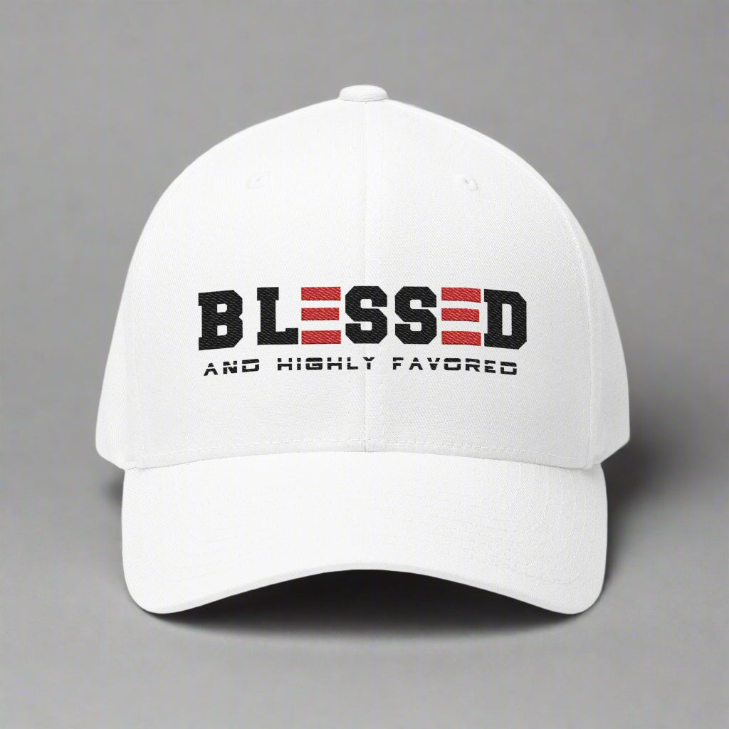 White cap with 'Blessed and Highly Favored' text on a grey background