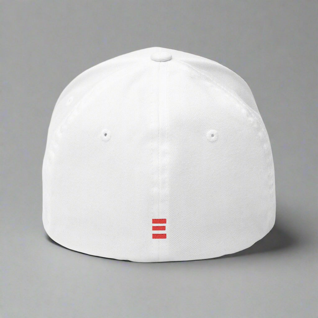White cap with a red logo on a grey background