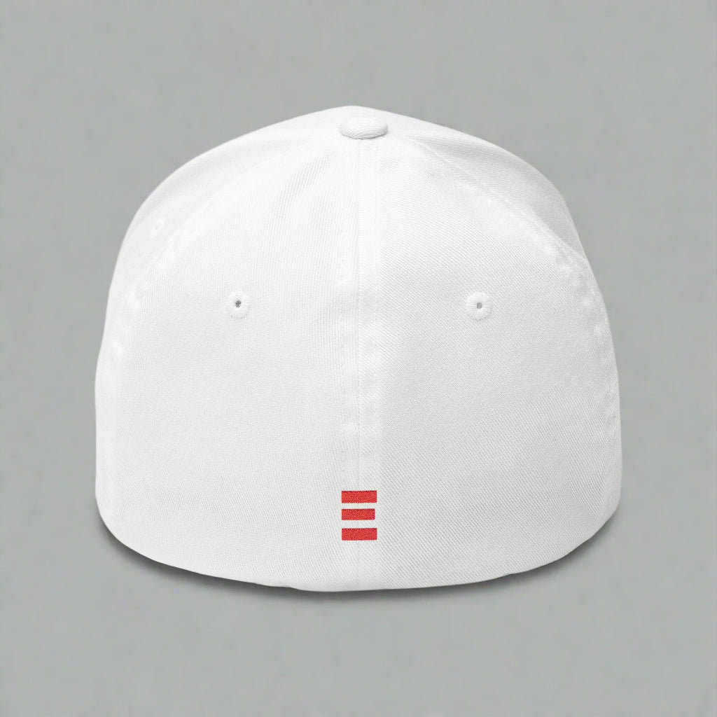 White baseball cap with a red logo on a grey background