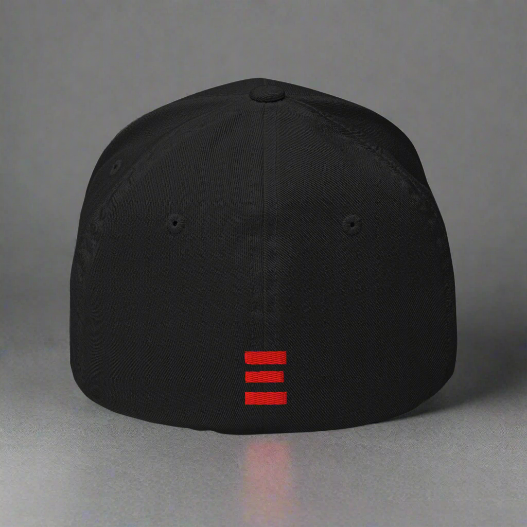 Black cap with a red logo on a gray background